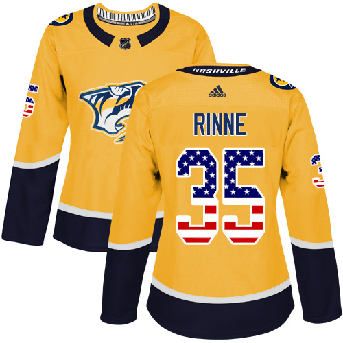 Adidas Predators #35 Pekka Rinne Yellow Home Authentic USA Flag Women's Stitched NHL Jersey - Click Image to Close